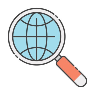 Düz tasarımda dünya çapında keşif, küresel arama simgesi 