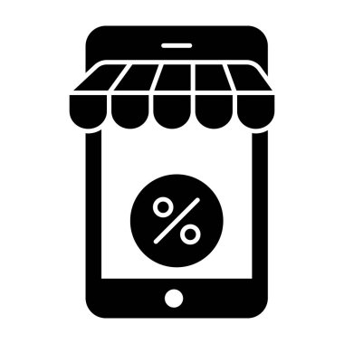 Mobil indirim alışverişi, glyph vektör tasarımında indirimli uygulama simgesi 