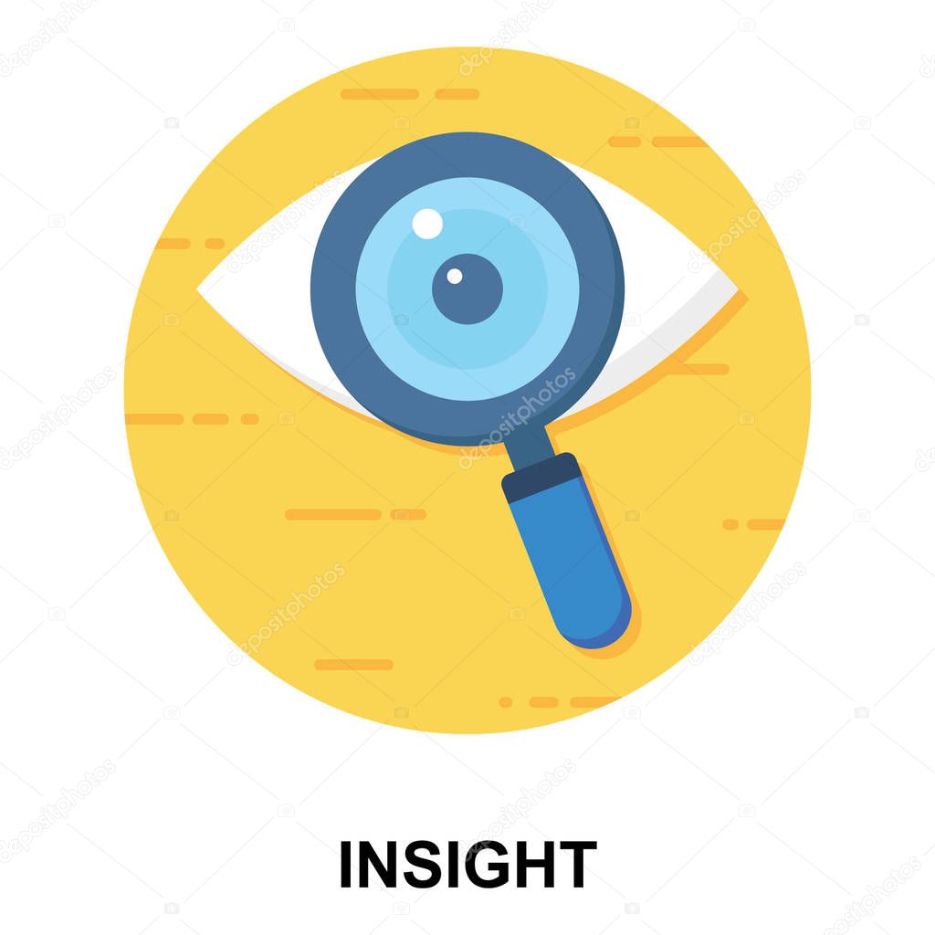 Eye under magnifier, insight icon in flat design.