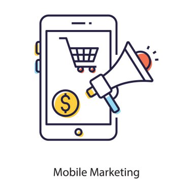 Dijital uygulama tanıtımı, düz tasarımda mobil pazarlama simgesi 