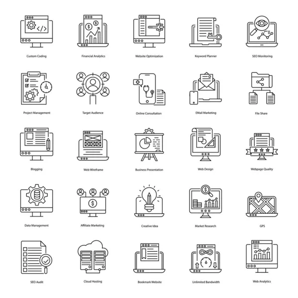 Seo Herramientas Línea Iconos Que Proporcionan Los Mejores Servicios Optimización — Vector de stock