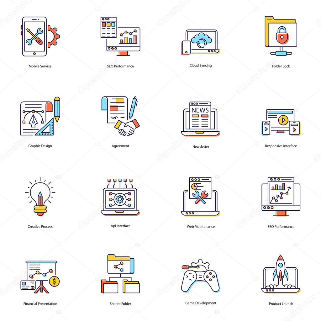 Seo tools flat icons providing the best optimization services in a set of distinct visuals which helps to make your projects more valuable. Dont miss the chance to grab these vectors.