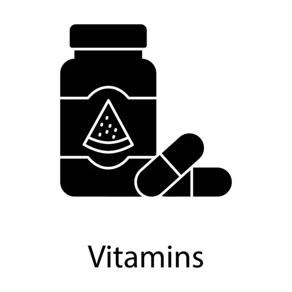 Frasco Remédio Com Pílulas Ícone Vitaminas Design Glifo —  Vetores de Stock