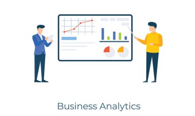 Düz illüstrasyonda proje bilgileri ve iş analizi vektörü sunuluyor