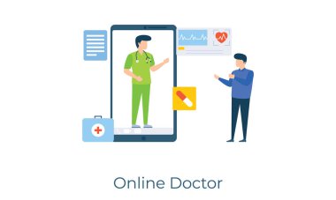 Tıbbi bakım teknolojisi, çevrimiçi doktor düz illüstrasyon
