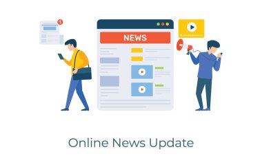 Kitle iletişim konsepti, düz illüstrasyon tasarımında online haber güncellemeleri 