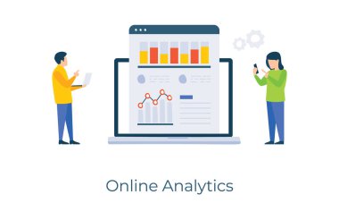 Düz illüstrasyonda iş bilgileri çevrimiçi bir analitik vektör olarak sunuluyor