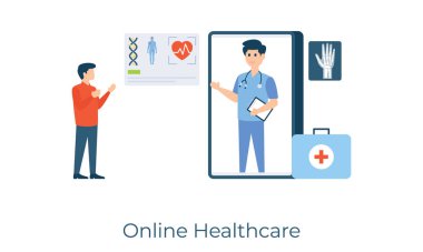  Tıbbi bakım teknolojisi, çevrimiçi sağlık hizmetleri düz illüstrasyon sunar