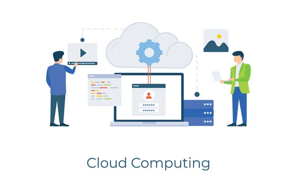 Concept Traitement Données Virtuel Illustration Plate Cloud Computing — Image vectorielle