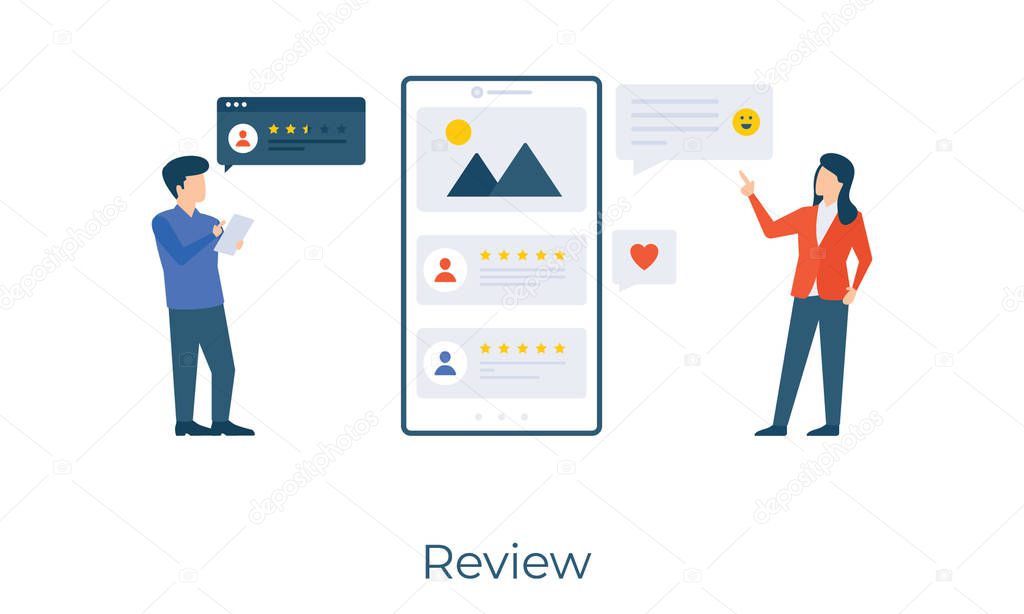 Getting customer feedback, comments and reviews vector in flat design 