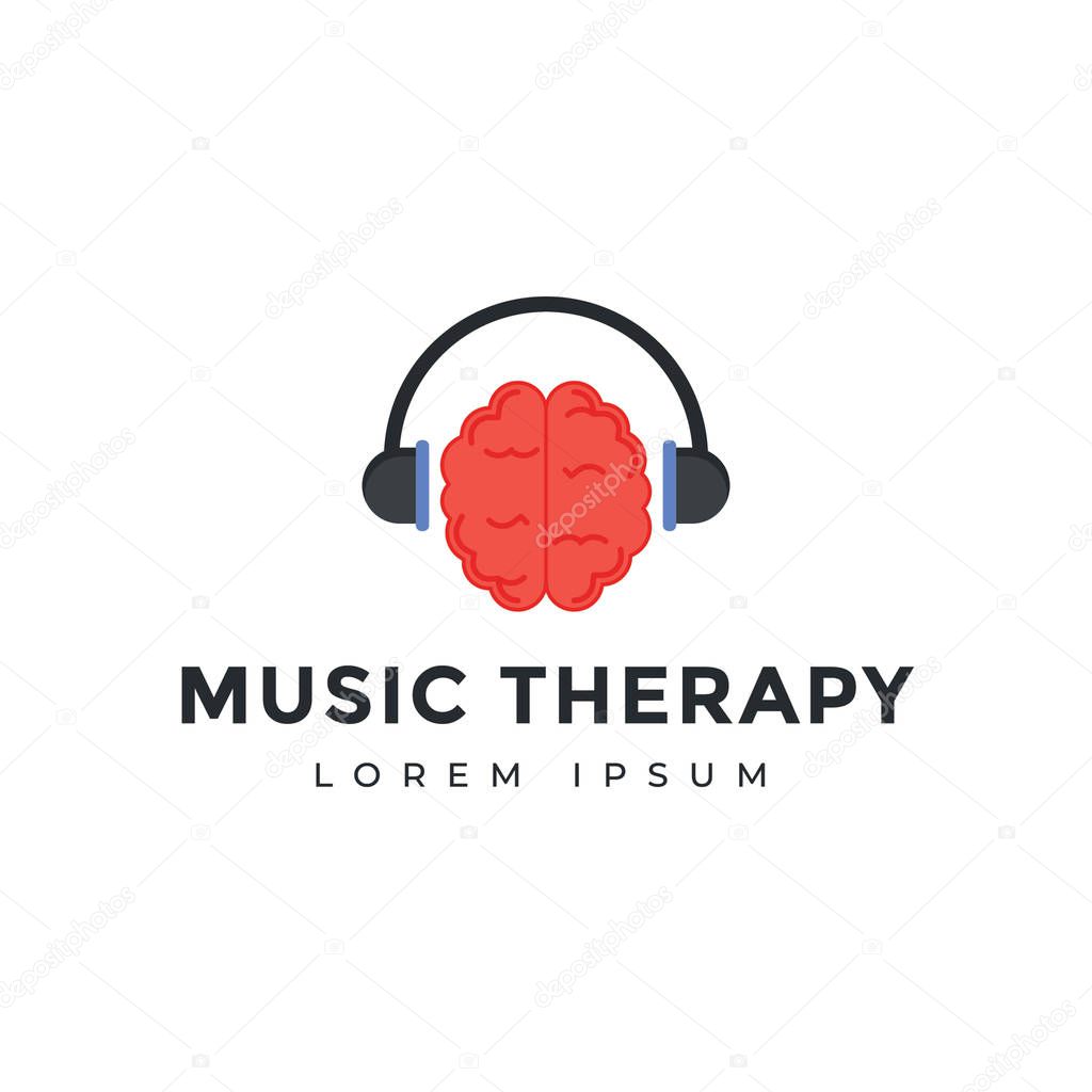 Headphone with brain, music therapy, music logo vector.