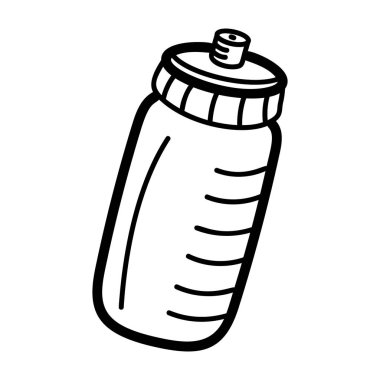 Kapağı kapaklı plastik bir kap. Su şişesi, spor su şişesi.  