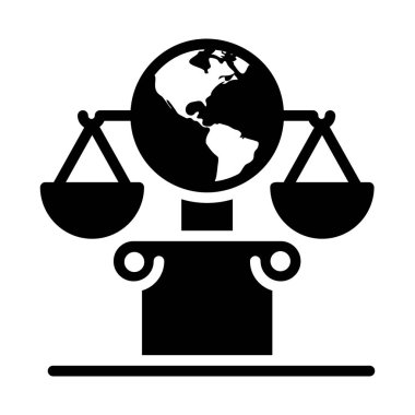 Dünya çapında hukuk sembolü, küresel adalet vektörü tasarımının katı simgesi 