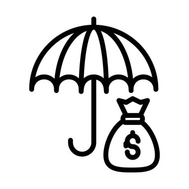 Şemsiye altında para çuvalı, finans güvenliği veya para sigortası çizgisi simgesi 