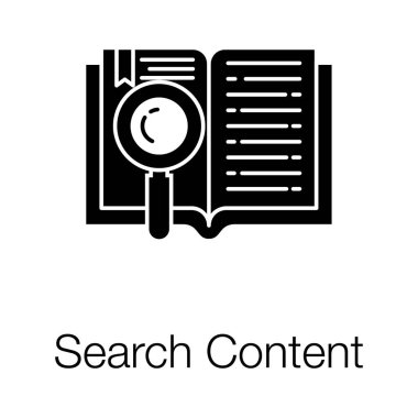 Arama içeriği vektör tasarımının simgesini gösteren açık kitap üzerindeki büyüteç. 