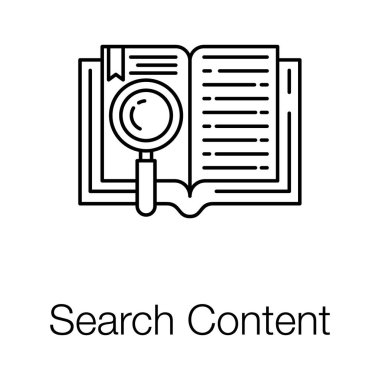 Arama içeriği vektör tasarımının satır simgesini gösteren açık kitap üzerindeki büyüteç camı 