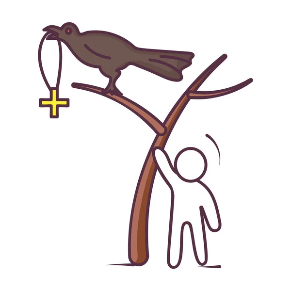 Vogel Mit Medaillon Kahlen Baum Sitzend Doodle Ikone Des Beängstigenden — Stockvektor