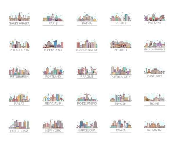 Conjunto Vectores Planos Cityscape — Archivo Imágenes Vectoriales