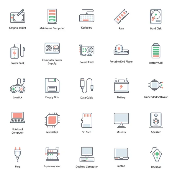 Hårdvarukomponenter Flat Icons Pack — Stock vektor