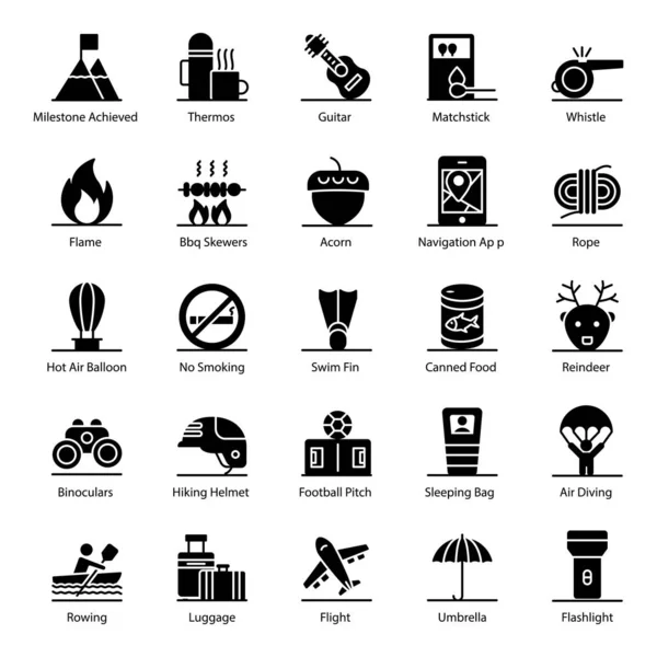 Accesorios Senderismo Paquete Iconos Glifos — Archivo Imágenes Vectoriales