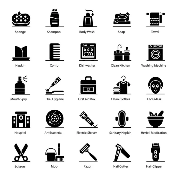 Paquete Vectores Sólidos Higiene Limpieza — Archivo Imágenes Vectoriales