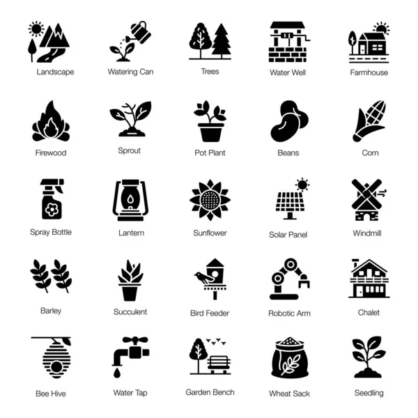 Paquete Iconos Sólidos Agricultura — Archivo Imágenes Vectoriales