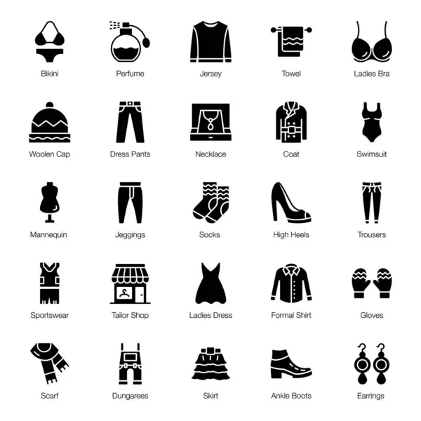 Pack Iconos Sólidos Moda — Archivo Imágenes Vectoriales