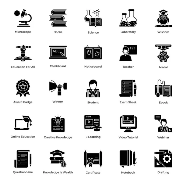 Eğitim Başarı Katı Simgeler Paketi — Stok Vektör