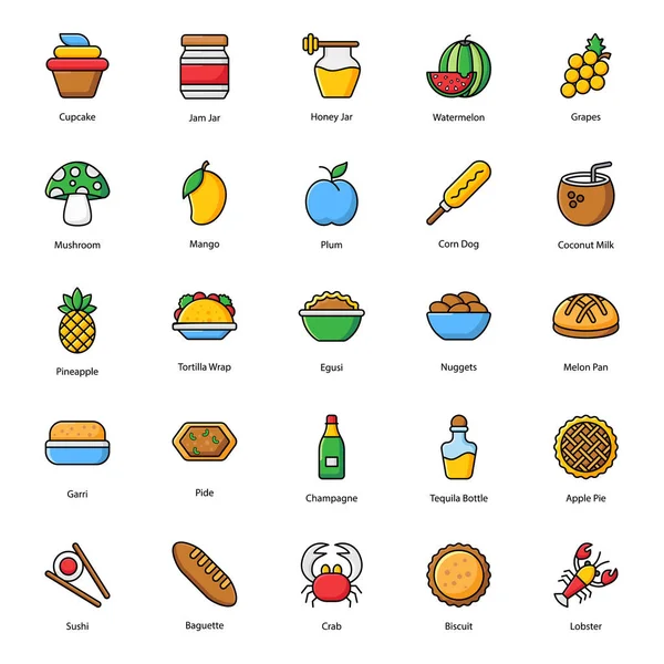 Alimentos Bebidas Nutritivas Paquete Iconos Planos — Archivo Imágenes Vectoriales