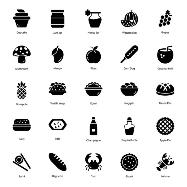Gefüllte Icons Packung Mit Nahrhaften Speisen Und Getränken — Stockvektor
