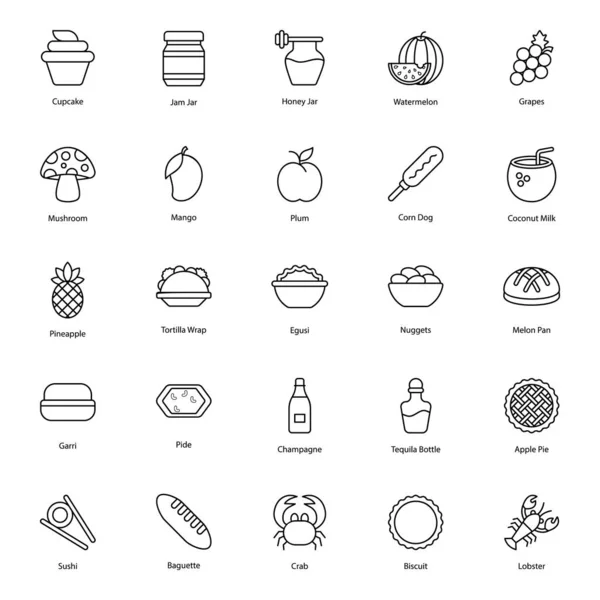 Aliments Boissons Nutritifs Ligne Icônes Pack — Image vectorielle
