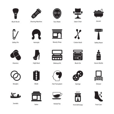 Güzellik ve Hijyen Aletleri Katı Simgeler Paketi 