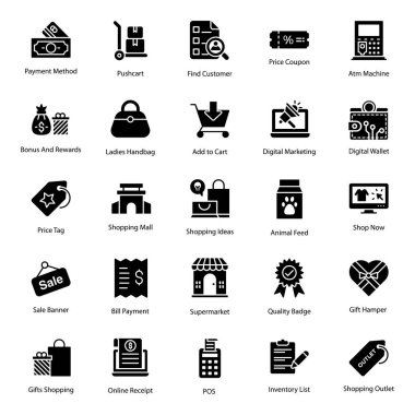 Çevrimiçi alışveriş simgeleri ayarlandı. Bu vektörler ekomünikasyon hizmetlerini tasvir etmek için eşsiz bir şekilde tasarlanmıştır. İlgili projelerde yakala ve kullan