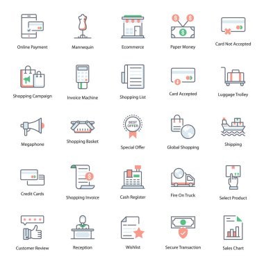Çevrimiçi alışveriş simgeleri ayarlandı. Bu vektörler ekomünikasyon hizmetlerini tasvir etmek için eşsiz bir şekilde tasarlanmıştır. İlgili projelerde yakala ve kullan