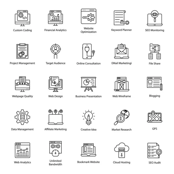 Versátil Conjunto Iconos Línea Gestión Seo Este Conjunto Técnico Iconos — Archivo Imágenes Vectoriales