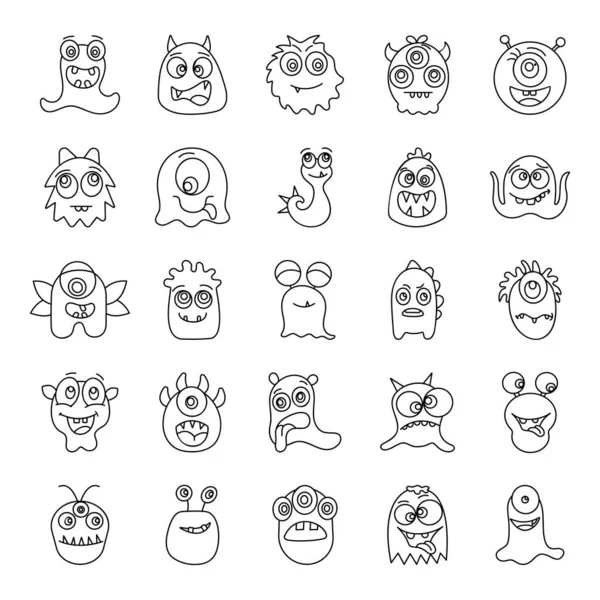 Lindo Monstruo Divertido Personajes Línea Vectores Iconos Personajes Monstruos Dibujos — Vector de stock