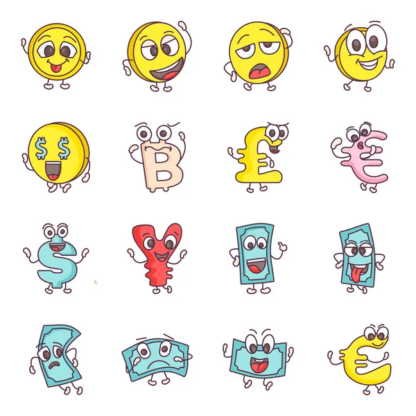 Estes São Conjuntos Que Contêm Ícones Moedas Expressão Facial Doodle —  Vetores de Stock