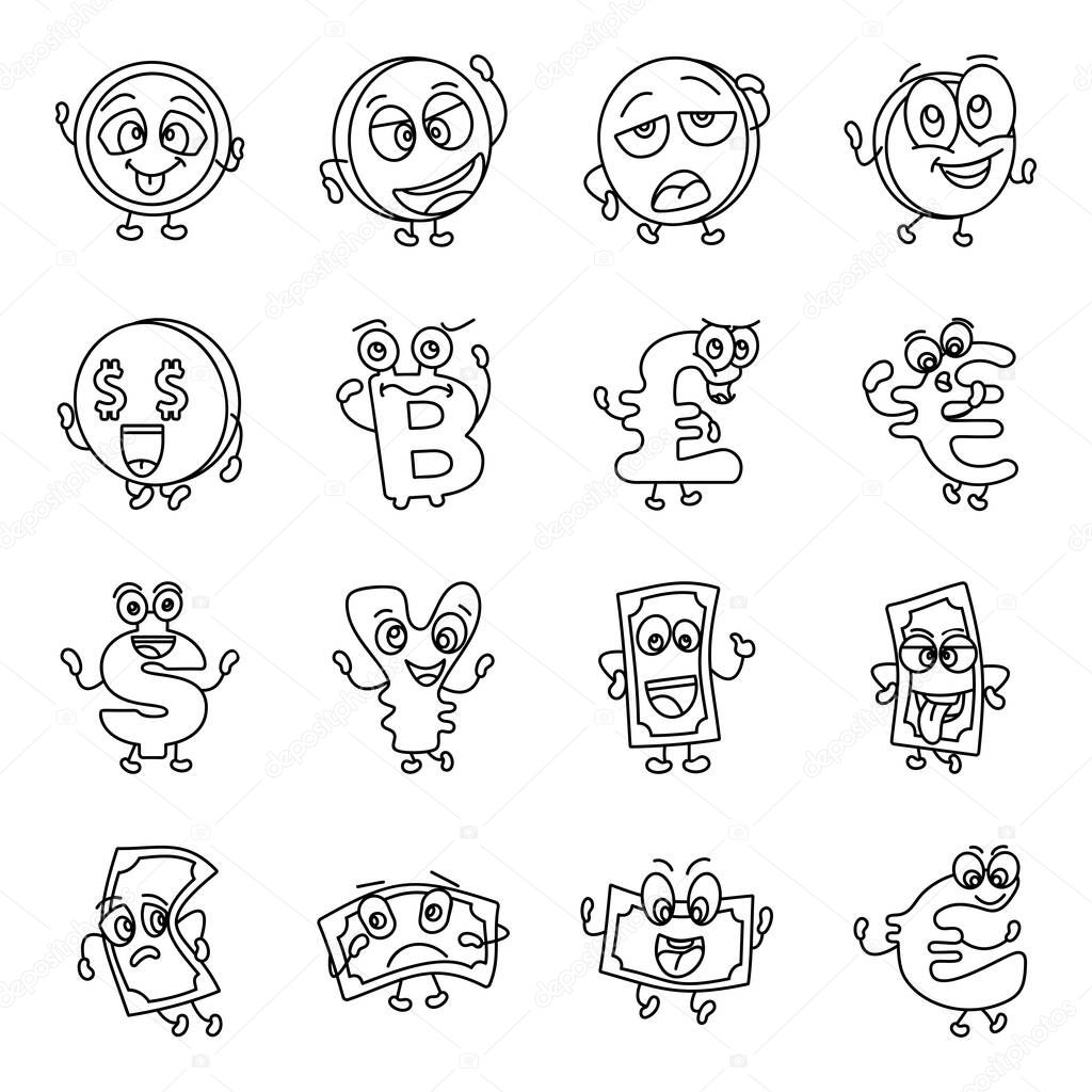 These are the sets containing icons of coins facial expression doodle icons pack. You can use these editable icons in a number of projects to make it more captivating 