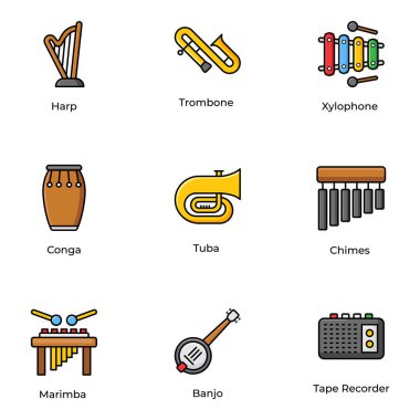 Müzikal ekipman düz simgeleri anında indirme için ayarlandı. Ulaşabileceğiniz bir müzik aleti setini kullanmak kolay. Şimdi bu düzenlenebilir kaliteli paketleri al!