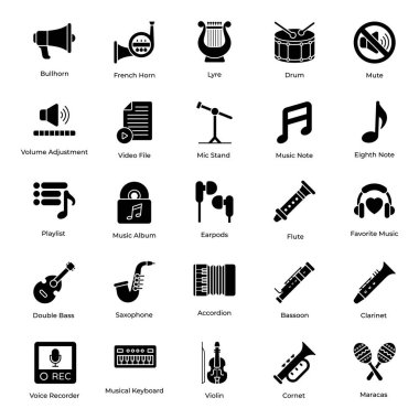 Müzik ekipmanları sembol simgeleri anında indirme için hazır. Ulaşabileceğiniz bir müzik aleti setini kullanmak kolay. Şimdi bu düzenlenebilir kaliteli paketleri al!