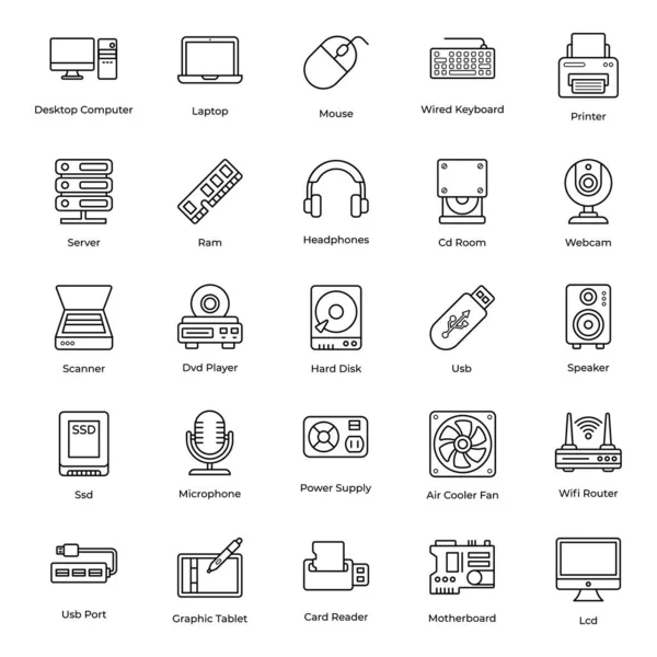 私たちはこのコンピュータハードウェアデバイスパックをラインスタイルで共有することを嬉しく思います この技術パックは Dvdプレーヤー Usb スピーカーなどのデバイスの数を保持します 今すぐダウンロード — ストックベクタ