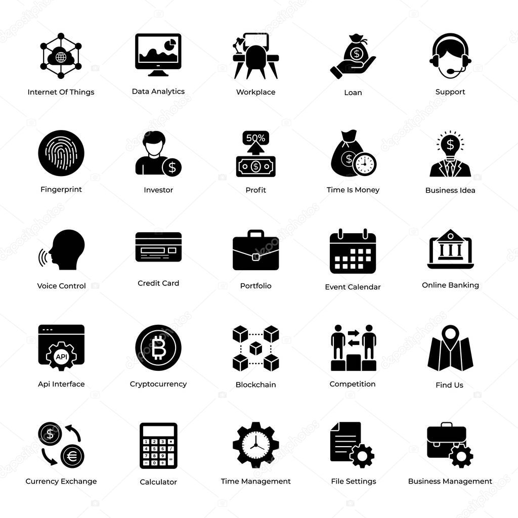 The versatile set of business and finance glyph icons. These technical set of icons created with editable quality. A must have set to add to your collection.