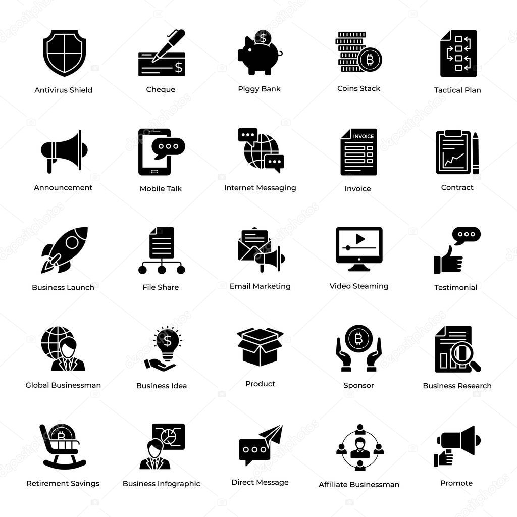 The versatile set of business marketing glyph icons. These technical set of icons created with editable quality. A must have set to add to your collection.