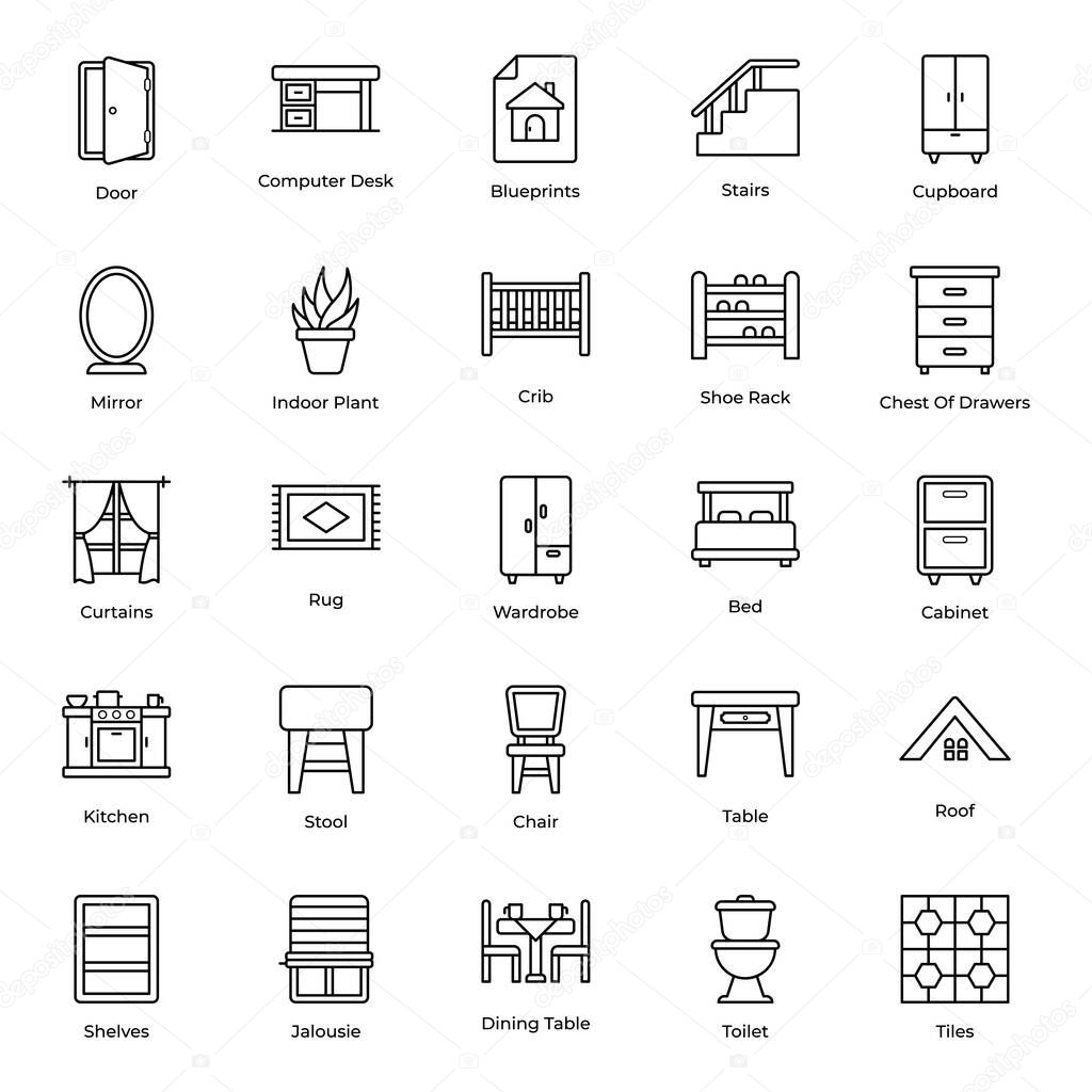 Home interior  line icons perfectly designed and useful for your purpose, If your design project revolves around the idea of creating a website for selling and offering furniture related services this pack is definitely for you!