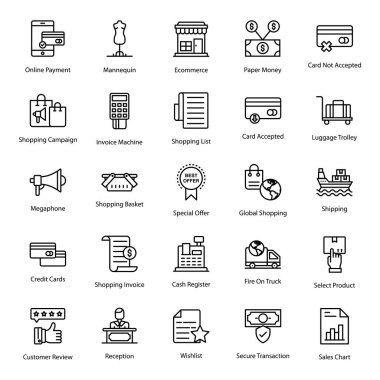 Online shopping line icons set. These vectors are uniquely designed to portray the ecommerce services. Grab and use in related projects clipart