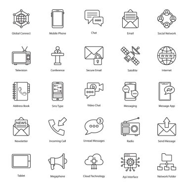 Burada düz dizaynlı iletişim ve iletişim simgelerinin tam bir koleksiyonunu getiriyoruz. Bu kümenin, pazarlama projeleriniz için kullanışlı olacak mükemmel vektörleri var.. 