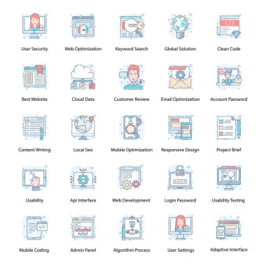 Seo optimizasyon düz çizgi simgelerinin çok yönlü seti. Küçük detaylar ve düzenlenebilir kaliteyle yaratılmış. A koleksiyonunuza eklemek için ayarlanmış olmalı.