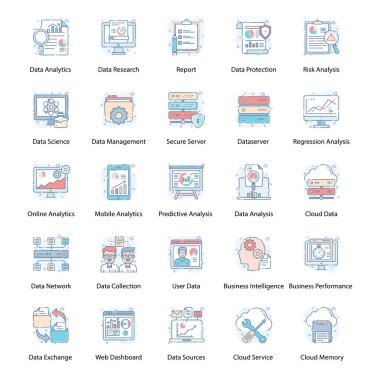 Büyük veri düz çizgi simgeleri paketlendi. Bu paket, istatistik, veri değerlendirme kavramları gerektiren projelerde kullanılmak için iyi bir özelliğe sahip. İndirmekten çekinmeyin.!