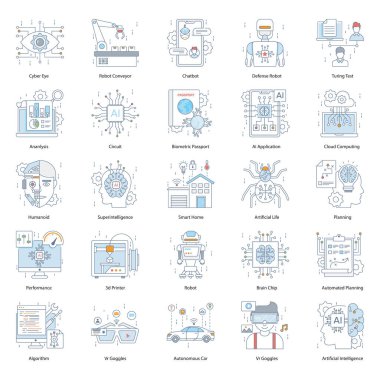 Ai robotu teknolojisi düz hat seti. İhtiyacınız olan her şeyi kolayca indirebilirsiniz. Gelişmiş stil robot simgelerinde dizayn edilmiş koleksiyon tamamen düzenlenebilir ve anında indirilebilir.