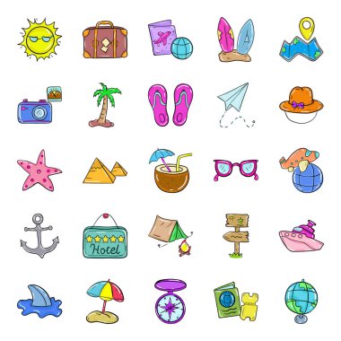 Seyahat gereksinimlerini araştırın, yolculuk boyunca yanınızda bulunması gerekmektedir. Bu yeni seyahat ve tatil ikonlarını bavul, kamera ve plaj konseptiyle birlikte alın. Macera dolu vektörler her türlü tasarım ve grafik projesi için mükemmeldir..